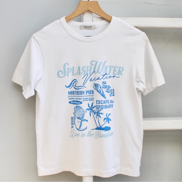 8Cloud Tops - 8Second Women's White Blue Splash Water Graphic Short Sleeve T-Shirt Size Small